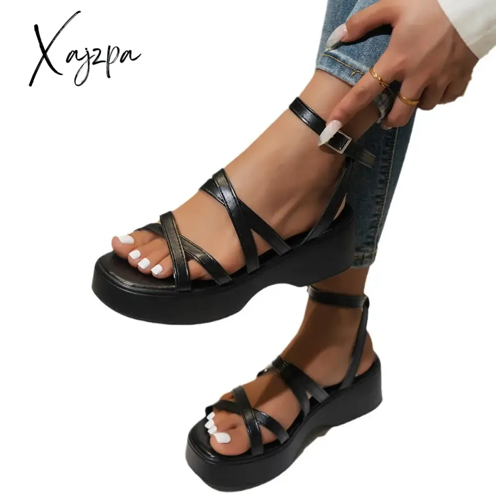 2024 European and American Thick-soled Sandals Cross-strap Buckle Large Size Fashionable Women's Sandals