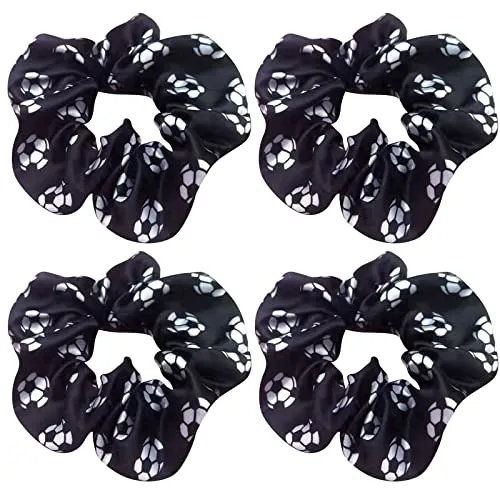 4 Pack Silky Smoothly Soccer Hair Scrunchies Sparkly Football Hair Ties Hair Eleastic Bands Scrunchy Hair Ties Ropes Ponytail Holders Wrist Bands for Girls Soccer Teams School,Dance,Games ,Tournaments and Party favor (Black)