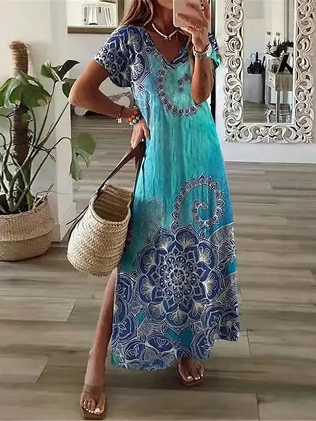 Abstract Marble Print Crew Neck Maxi T Shirt Dress - Women's Summer Shift Dress