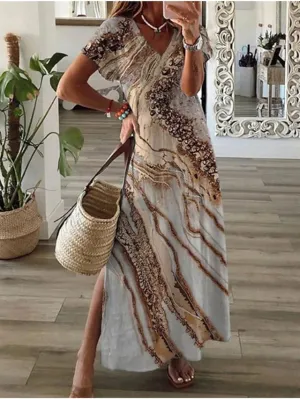 Abstract Marble Print Crew Neck Maxi T Shirt Dress - Women's Summer Shift Dress