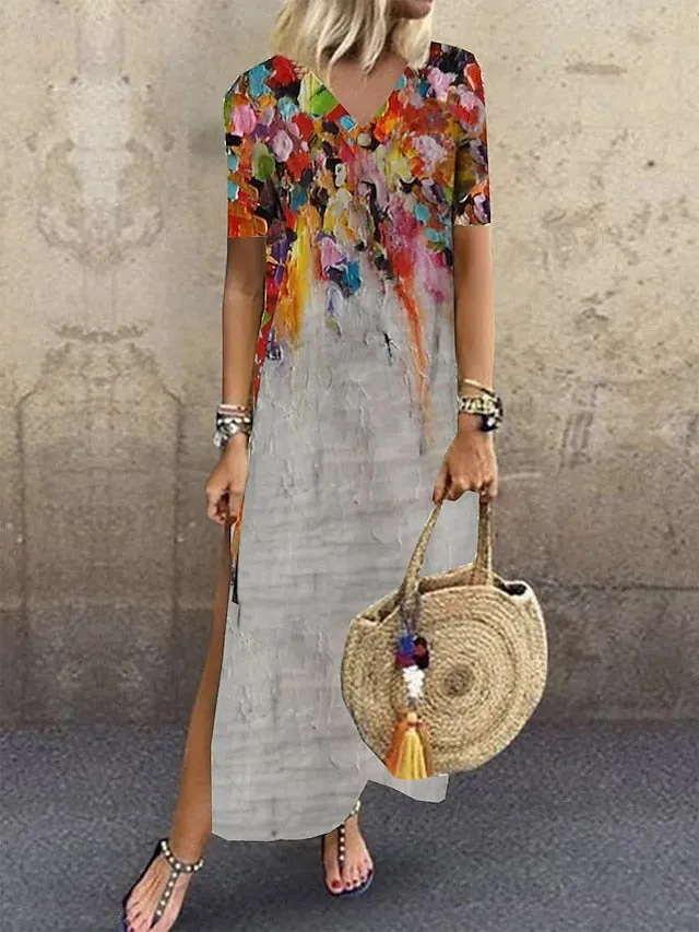 Abstract Marble Print Crew Neck Maxi T Shirt Dress - Women's Summer Shift Dress