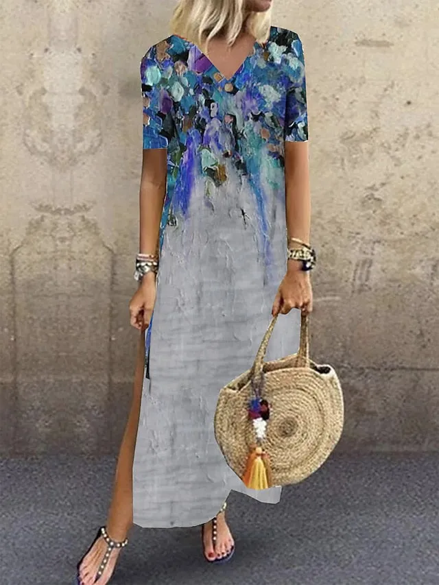 Abstract Marble Print Crew Neck Maxi T Shirt Dress - Women's Summer Shift Dress