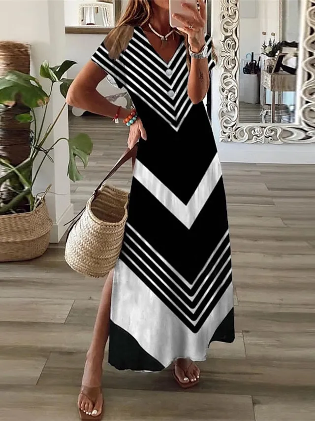 Abstract Marble Print Crew Neck Maxi T Shirt Dress - Women's Summer Shift Dress