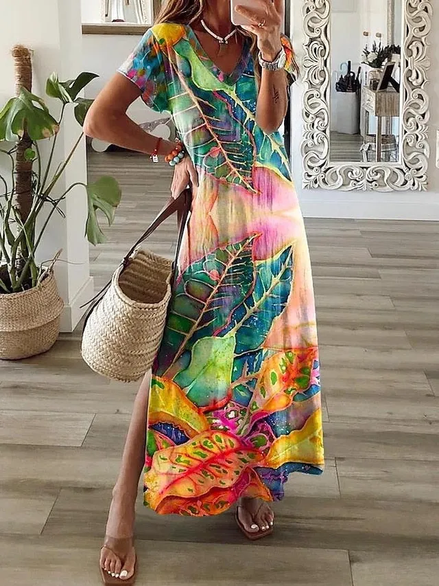 Abstract Marble Print Crew Neck Maxi T Shirt Dress - Women's Summer Shift Dress