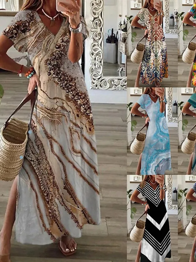 Abstract Marble Print Crew Neck Maxi T Shirt Dress - Women's Summer Shift Dress