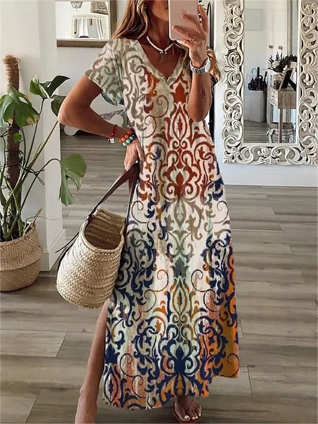 Abstract Marble Print Crew Neck Maxi T Shirt Dress - Women's Summer Shift Dress