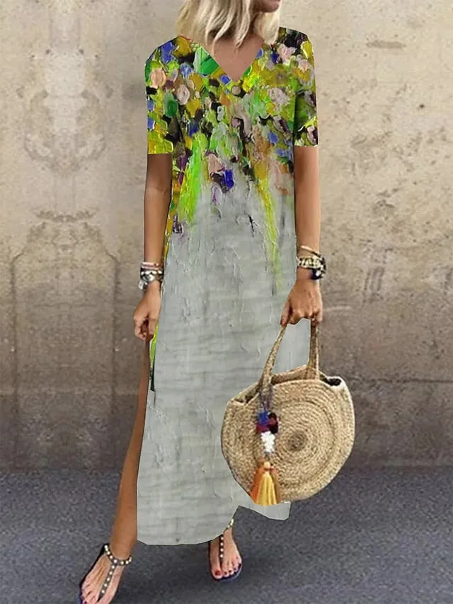 Abstract Marble Print Crew Neck Maxi T Shirt Dress - Women's Summer Shift Dress