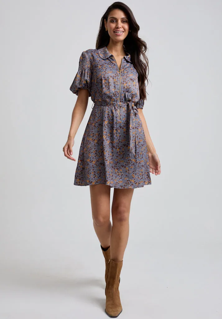 Amelia Smocked Sleeve Aster Print Mini Dress In Grey