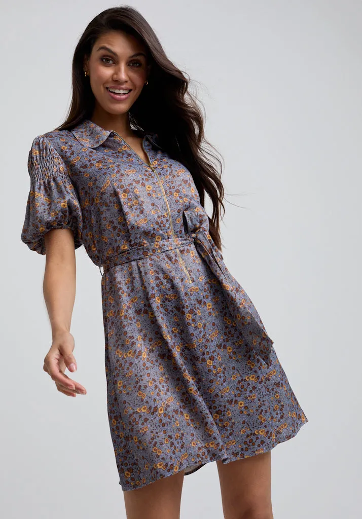 Amelia Smocked Sleeve Aster Print Mini Dress In Grey