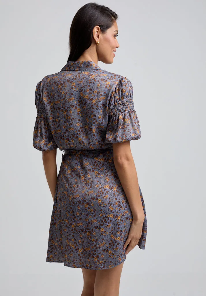 Amelia Smocked Sleeve Aster Print Mini Dress In Grey
