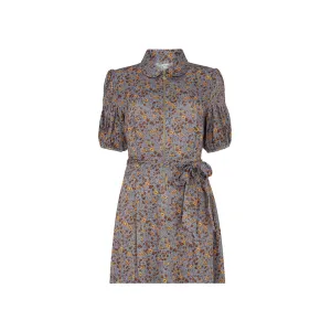 Amelia Smocked Sleeve Aster Print Mini Dress In Grey
