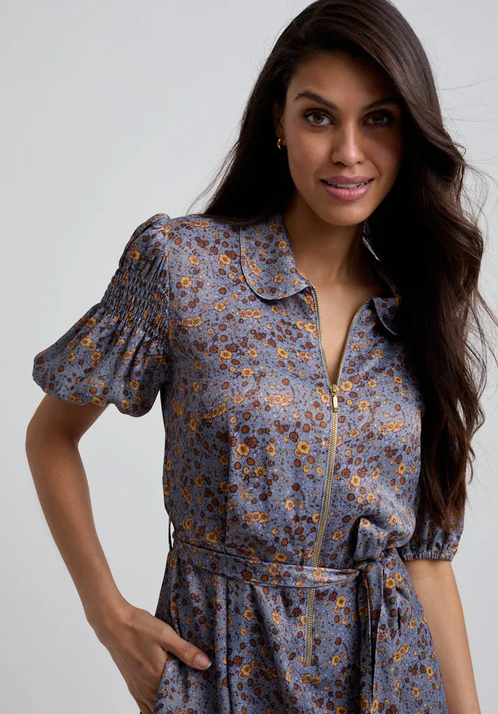 Amelia Smocked Sleeve Aster Print Mini Dress In Grey
