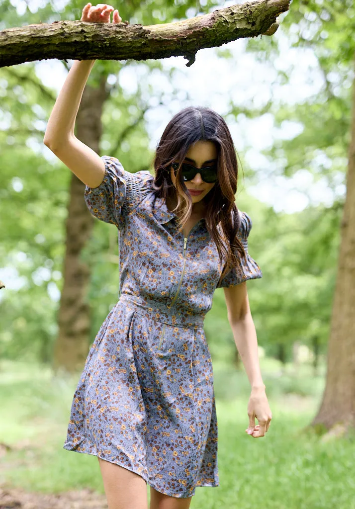 Amelia Smocked Sleeve Aster Print Mini Dress In Grey