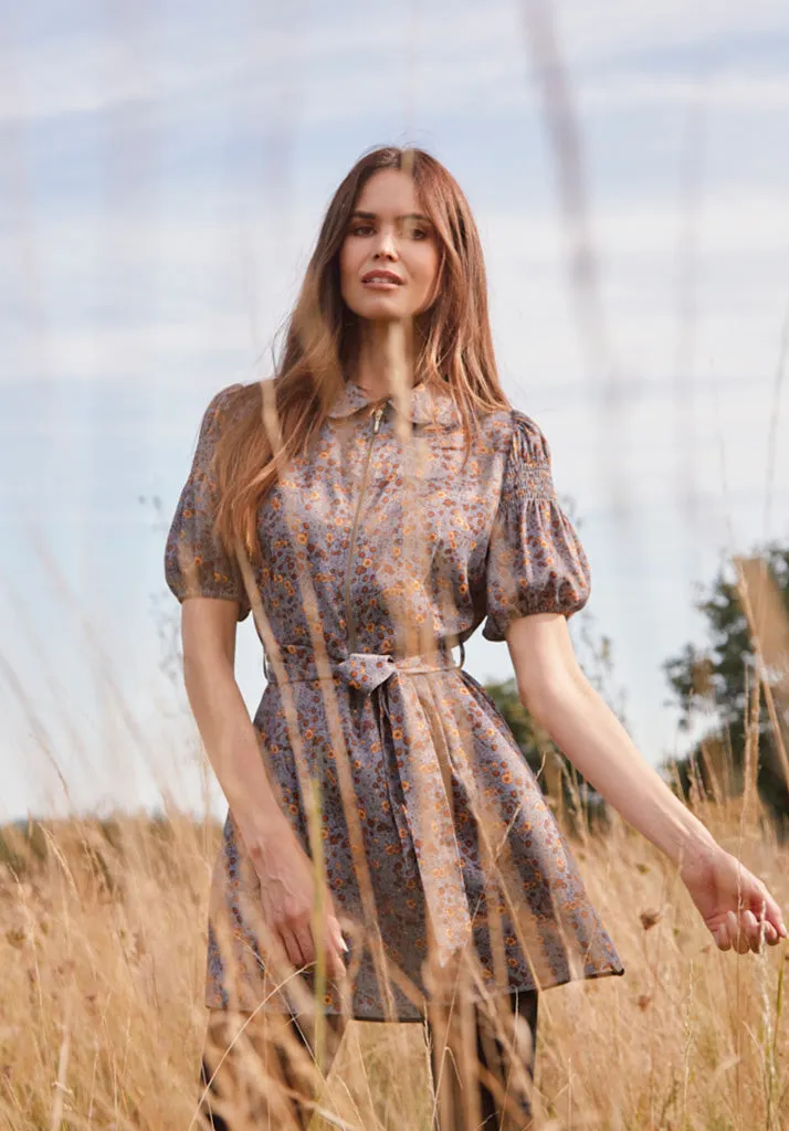 Amelia Smocked Sleeve Aster Print Mini Dress In Grey