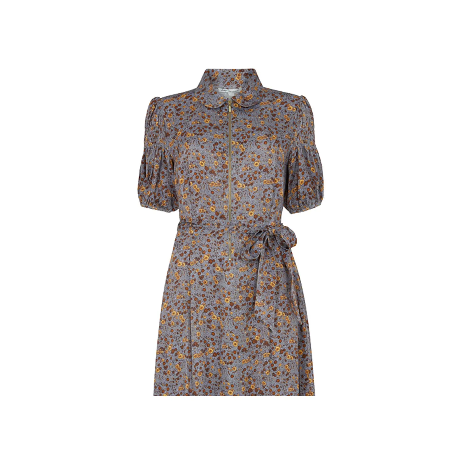 Amelia Smocked Sleeve Aster Print Mini Dress In Grey