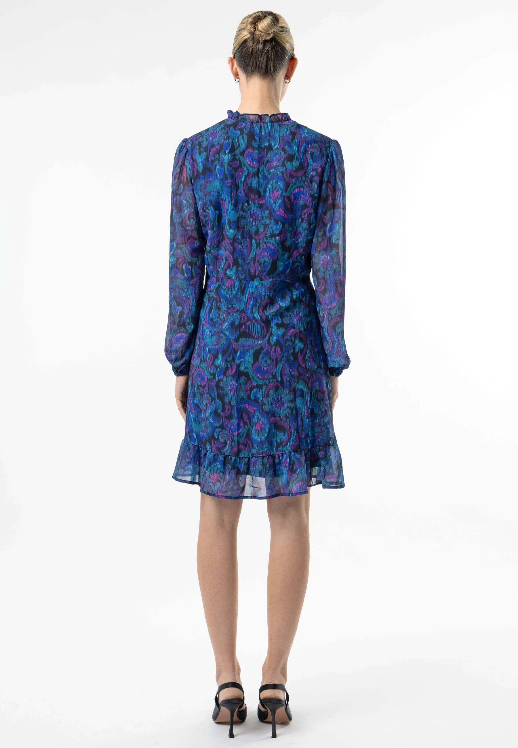 Angeleye Tie Neck Chiffon Mini Dress In Blue Paisley Print