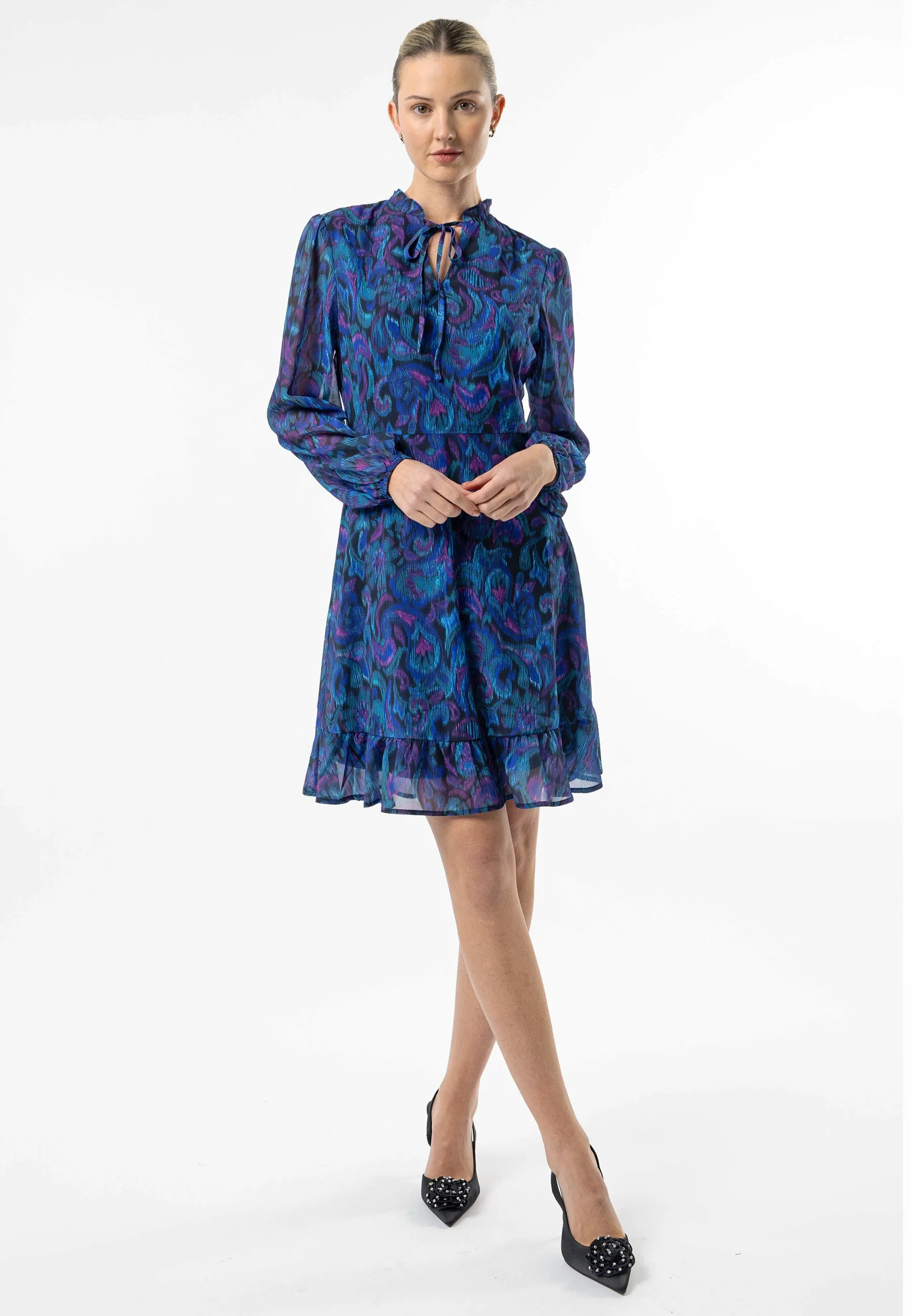 Angeleye Tie Neck Chiffon Mini Dress In Blue Paisley Print
