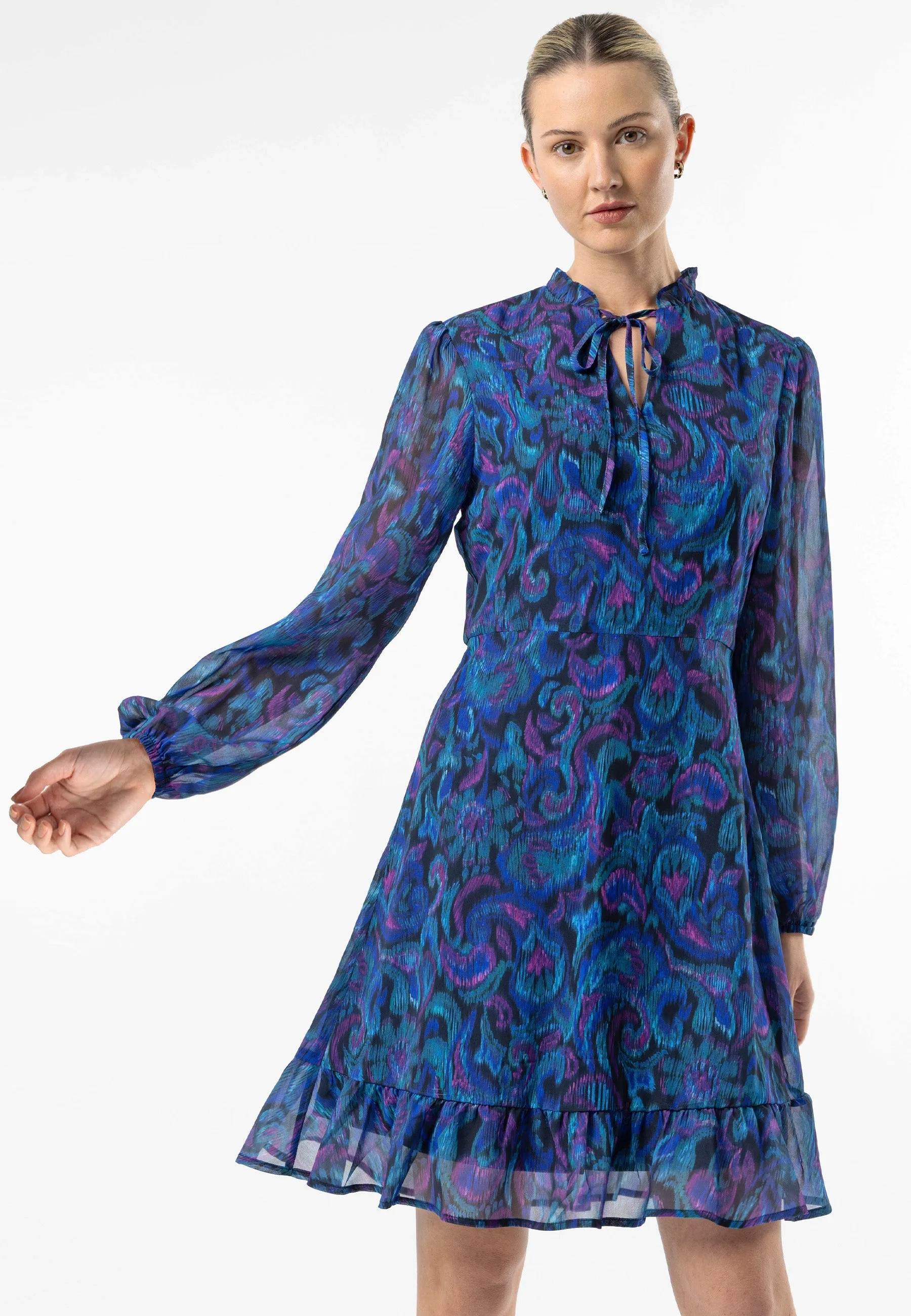 Angeleye Tie Neck Chiffon Mini Dress In Blue Paisley Print