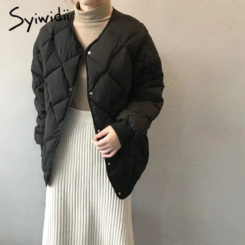 Back to College Joskaa Fall Winter Jacket Women 2024 Argyle Single Breasted Cotton Padded Coats Vintage Long Sleeve Pockets Chic Outerwear