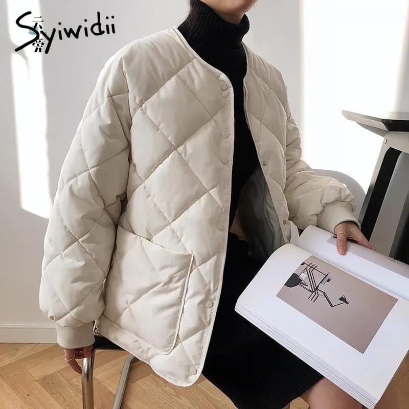 Back to College Joskaa Fall Winter Jacket Women 2024 Argyle Single Breasted Cotton Padded Coats Vintage Long Sleeve Pockets Chic Outerwear