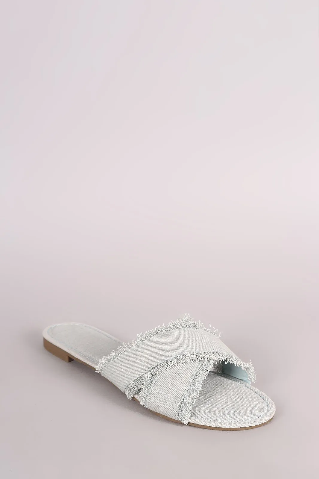 Bamboo Frayed Denim Cross Band Slide Sandal