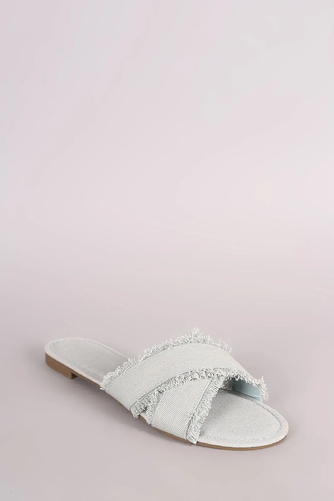 Bamboo Frayed Denim Cross Band Slide Sandal