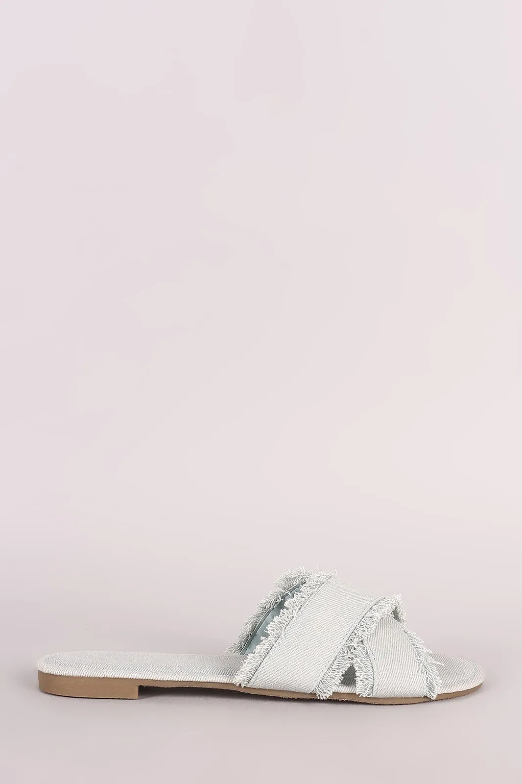 Bamboo Frayed Denim Cross Band Slide Sandal