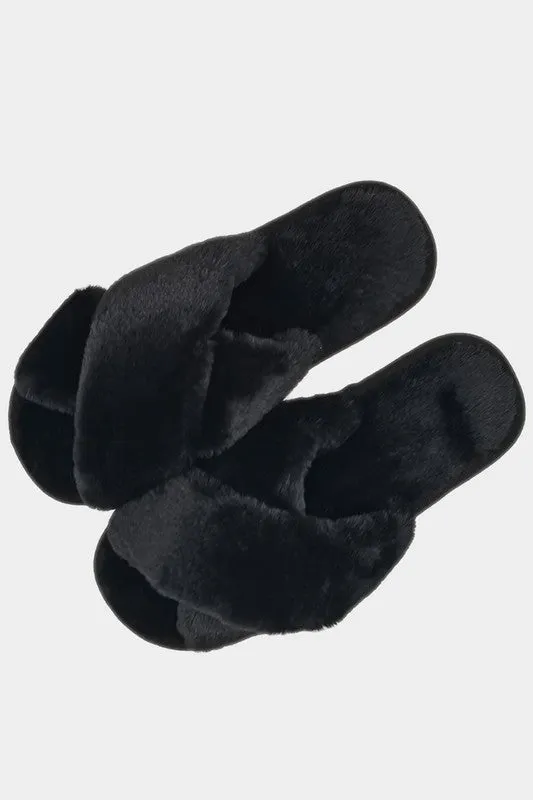 Black Solid Crisscross Faux Fur Home Slippers