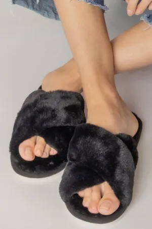 Black Solid Crisscross Faux Fur Home Slippers