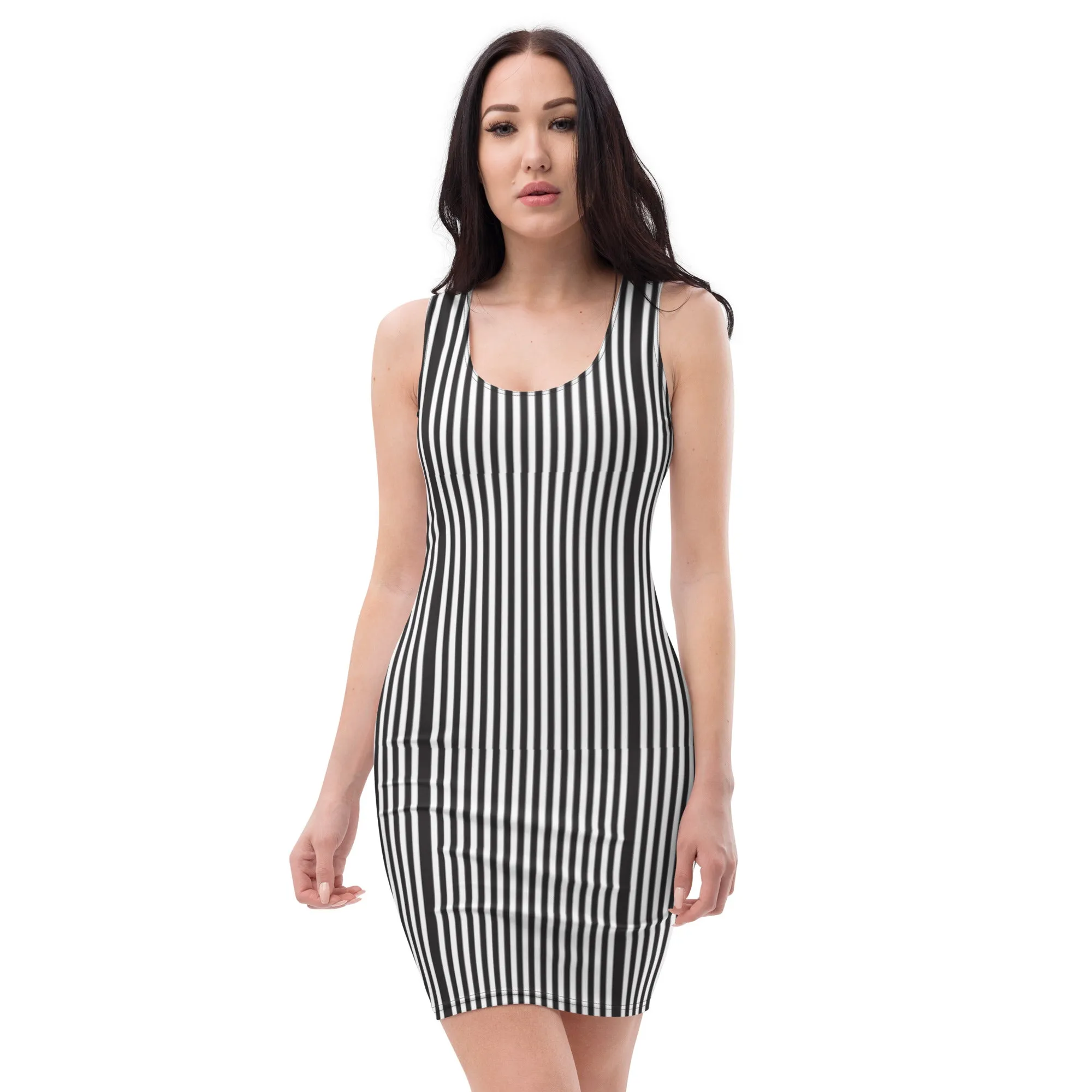 Black White Striped Sleeveless Dress, Vertically Striped Classic Women's Dress- Made in USA/EU/MX