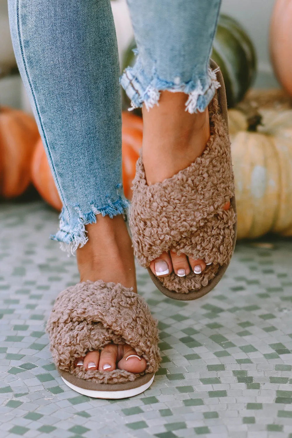 Brown Teddy Fur Cross Straps Home Slides Shoes
