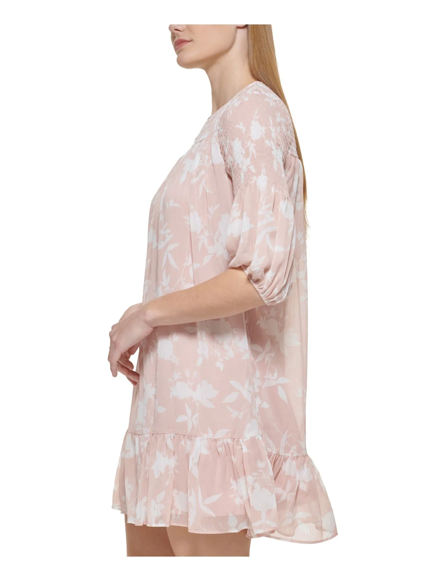 CALVIN KLEIN Womens Beige Zippered Smocked Ruffled Hem Lined Floral Balloon Sleeve Jewel Neck Short Party Shift Dress