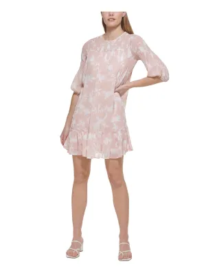 CALVIN KLEIN Womens Beige Zippered Smocked Ruffled Hem Lined Floral Balloon Sleeve Jewel Neck Short Party Shift Dress