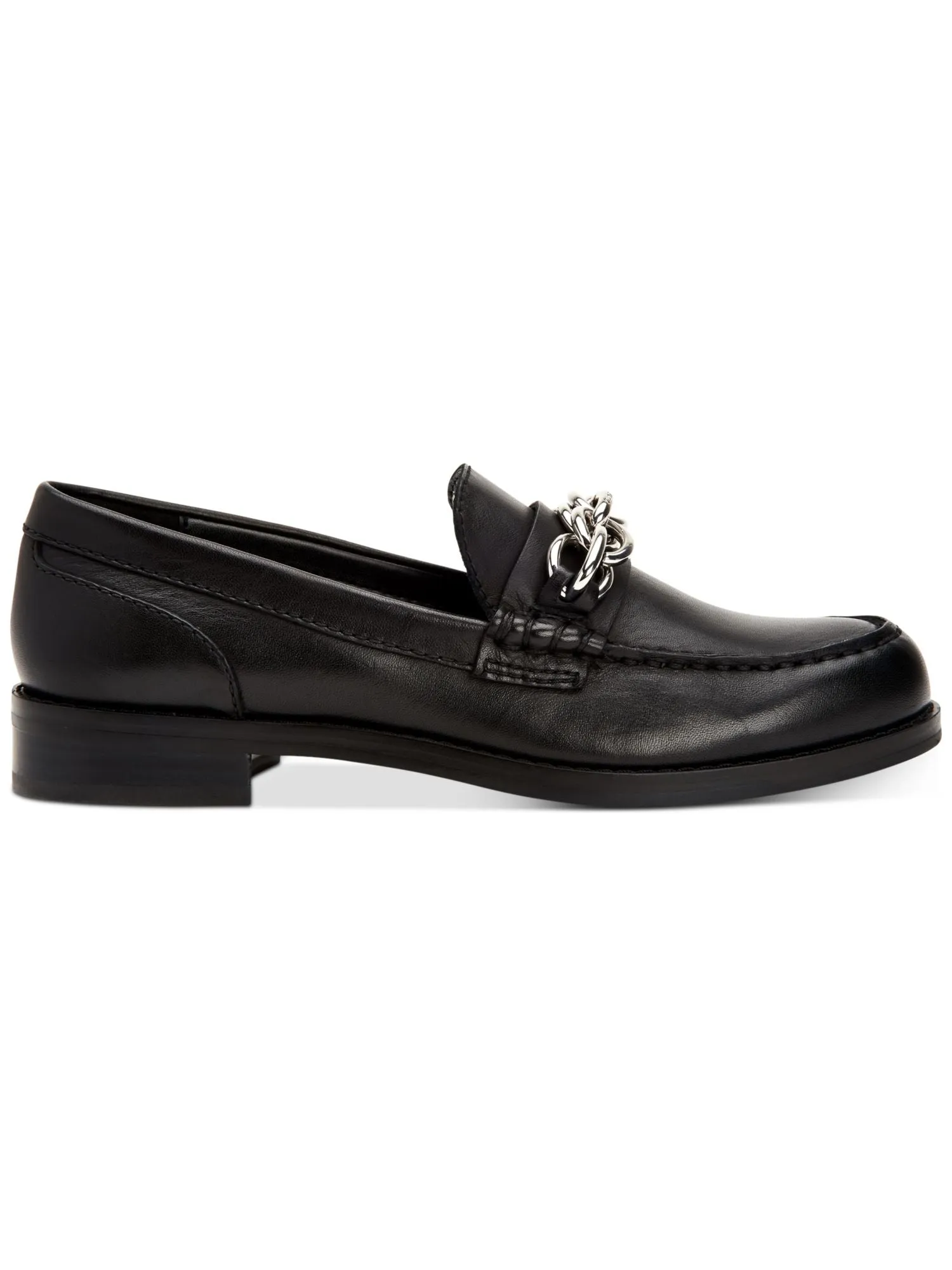 CALVIN KLEIN Womens Black Chain Detail Cushioned Sirah Round Toe Block Heel Slip On Leather Loafers Shoes M