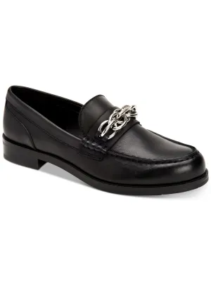 CALVIN KLEIN Womens Black Chain Detail Cushioned Sirah Round Toe Block Heel Slip On Leather Loafers Shoes M