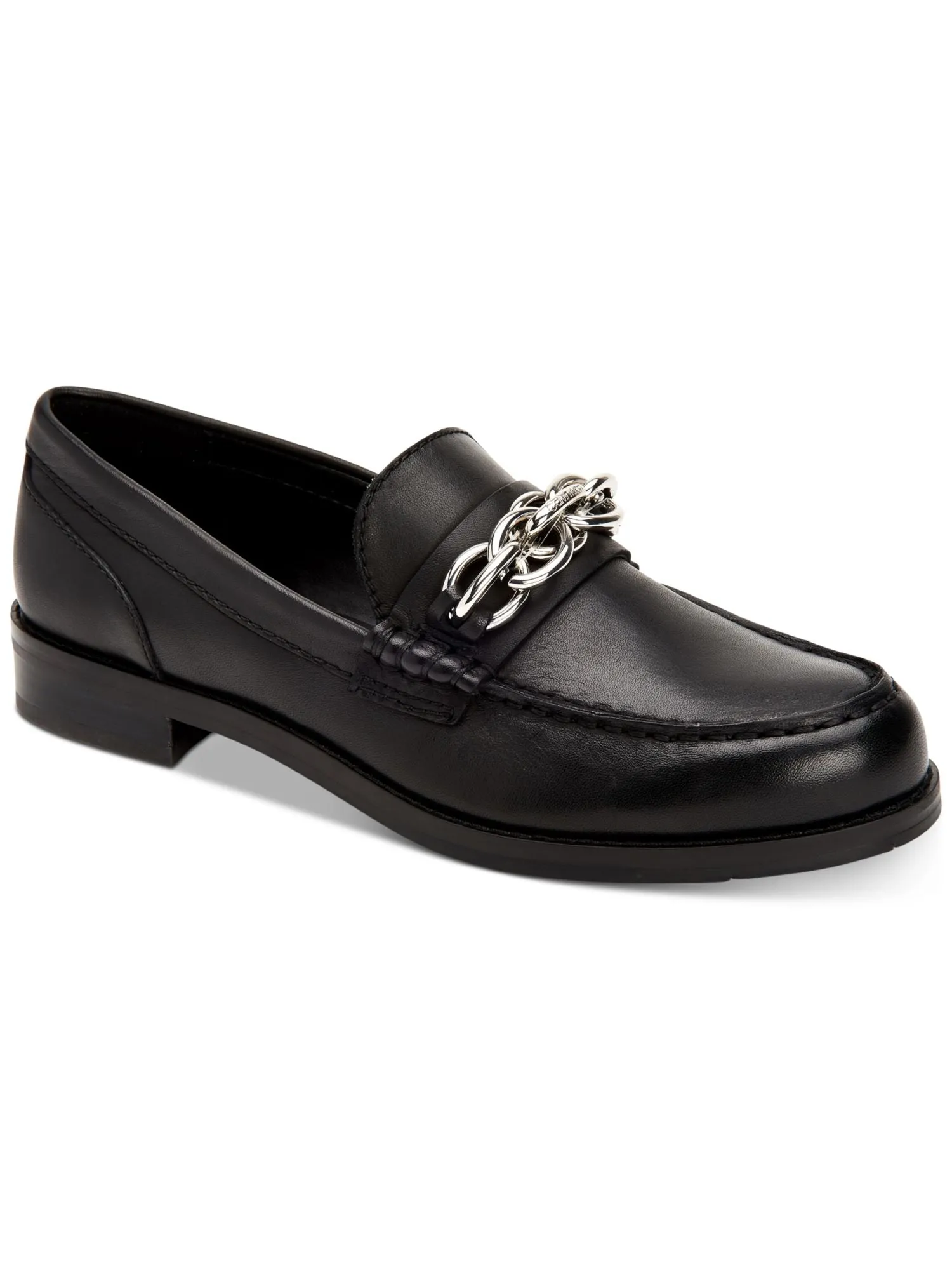 CALVIN KLEIN Womens Black Chain Detail Cushioned Sirah Round Toe Block Heel Slip On Leather Loafers Shoes M