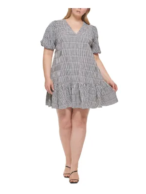 CALVIN KLEIN Womens Black Unlined Ruffled Pullover Darted Check Pouf Sleeve V Neck Above The Knee Fit   Flare Dress