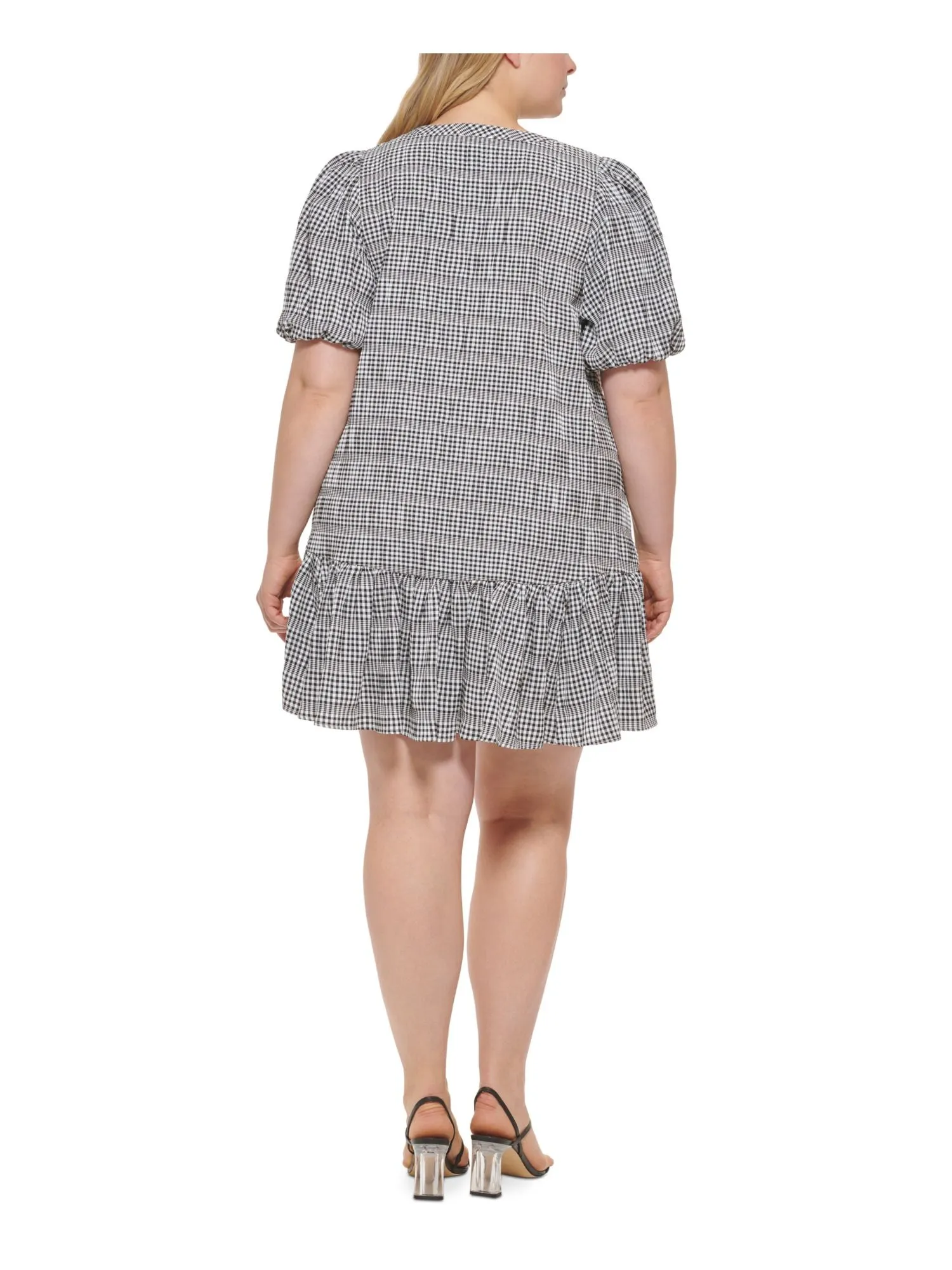 CALVIN KLEIN Womens Black Unlined Ruffled Pullover Darted Check Pouf Sleeve V Neck Above The Knee Fit   Flare Dress