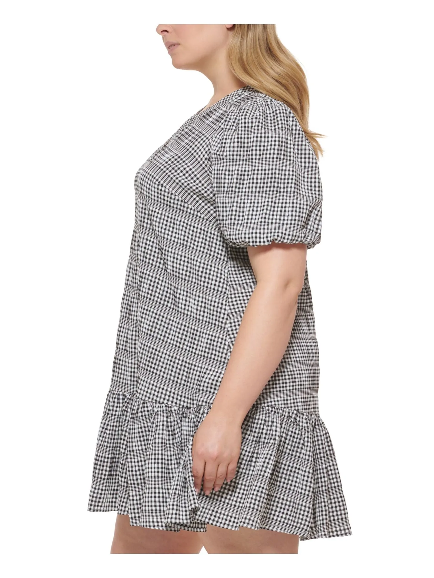 CALVIN KLEIN Womens Black Unlined Ruffled Pullover Darted Check Pouf Sleeve V Neck Above The Knee Fit   Flare Dress