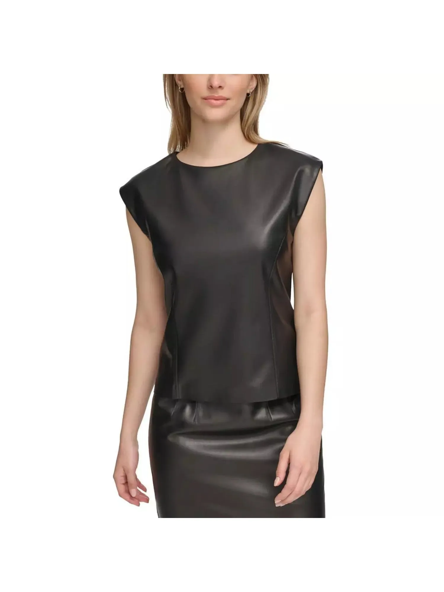 CALVIN KLEIN Womens Black Zippered Back Stretch Cap Sleeve Crew Neck Top