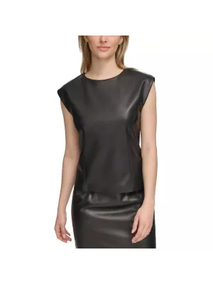 CALVIN KLEIN Womens Black Zippered Back Stretch Cap Sleeve Crew Neck Top