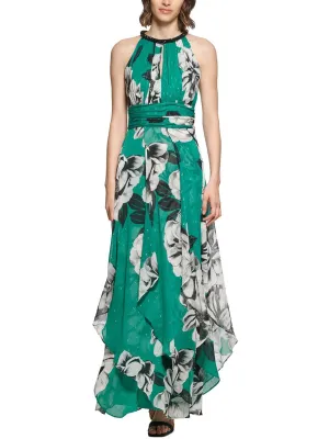 CALVIN KLEIN Womens Green Beaded Zippered Asymmetrical Hem Ruffled Pleated Floral Sleeveless Round Neck Full-Length Faux Wrap Dress