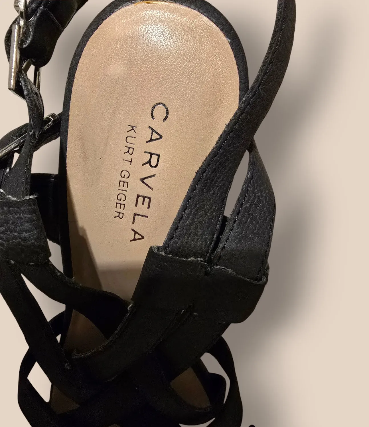 Carvela Black Criss Cross Cork Block Heel Sandals UK 7 EU 40