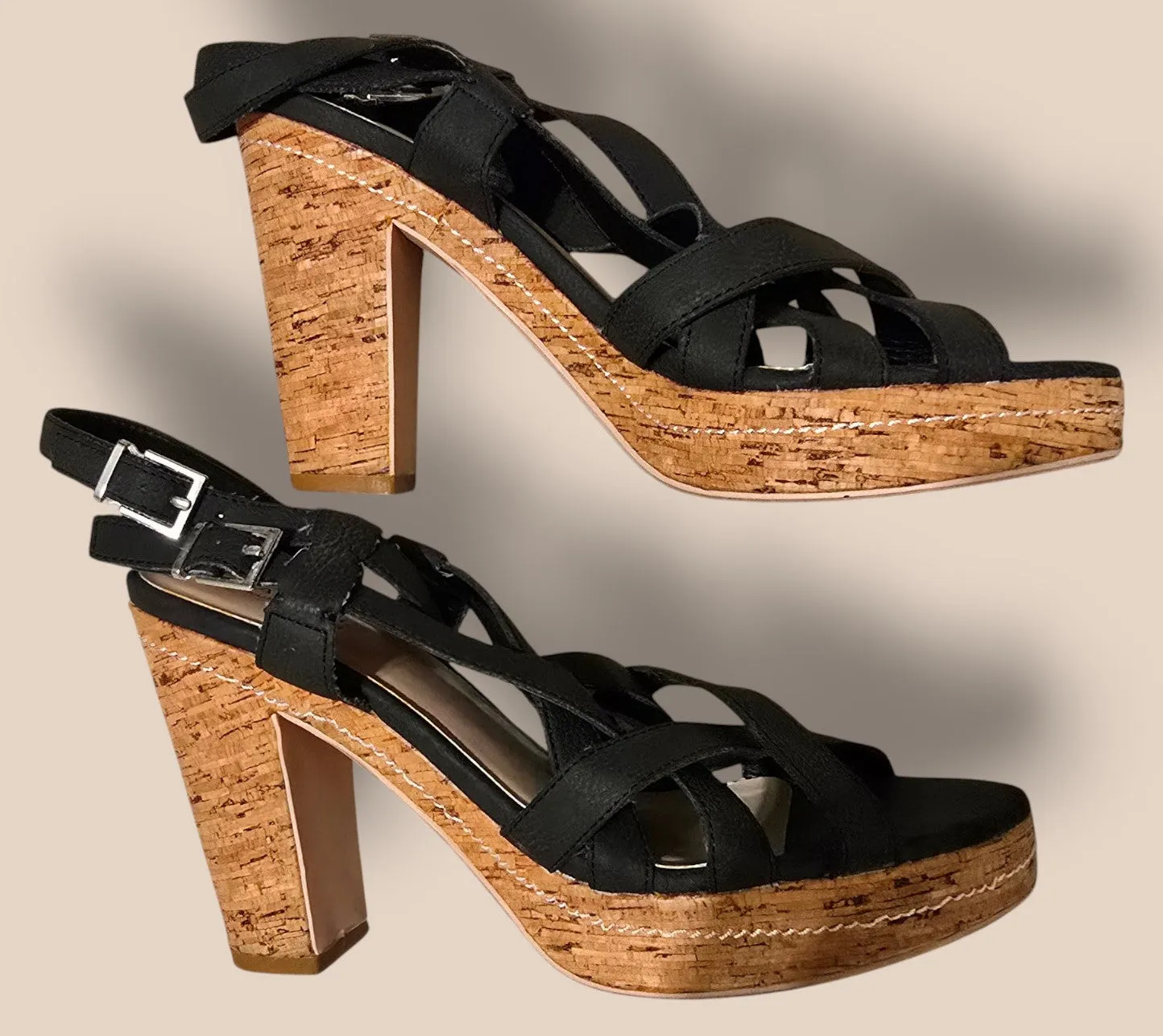 Carvela Black Criss Cross Cork Block Heel Sandals UK 7 EU 40