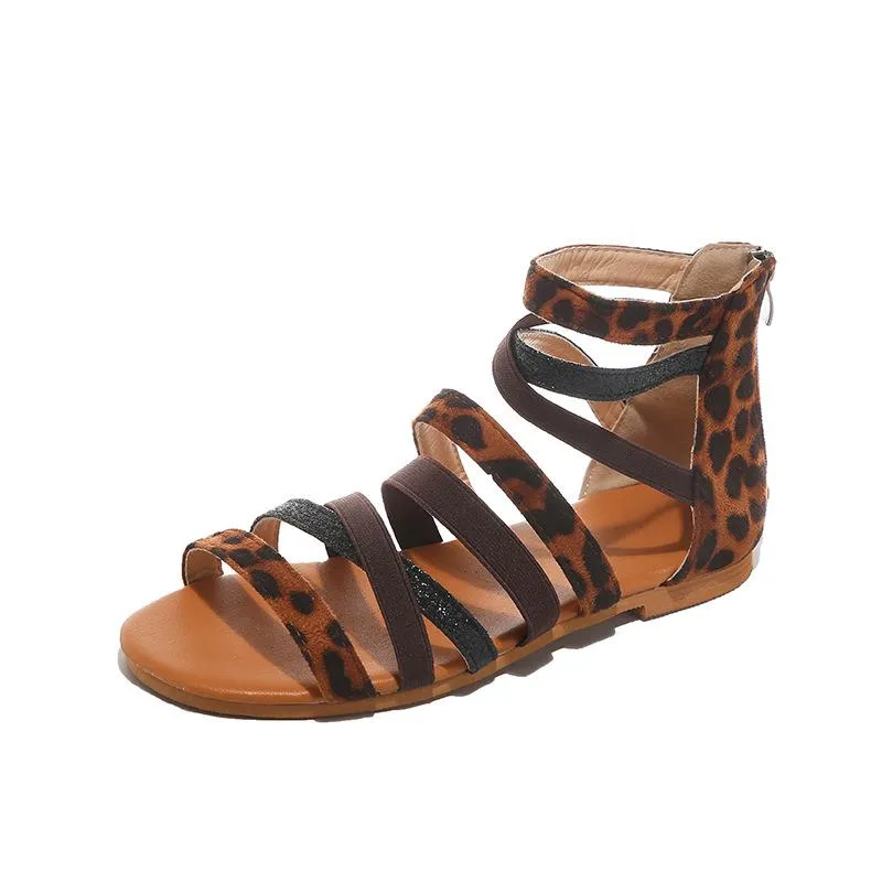 Chicvane Leopard Printed Criss-Cross Straps Zipper Sandals