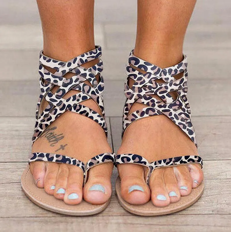 Chicvane Snakeskin Criss-Cross Zipper Flat Sandals