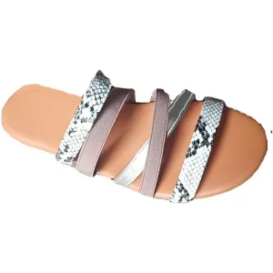 Chicvane Snakeskin Cross Straps Round Toe Flat Slides Shoes
