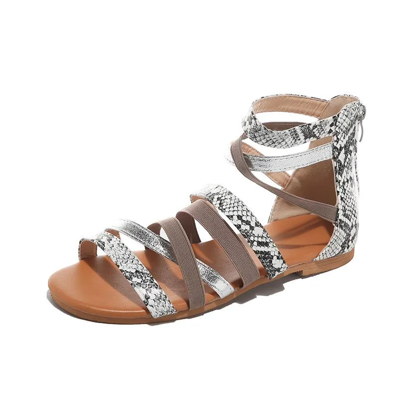 Chicvane Snakeskin Printed Criss-Cross Straps Zipper Sandals