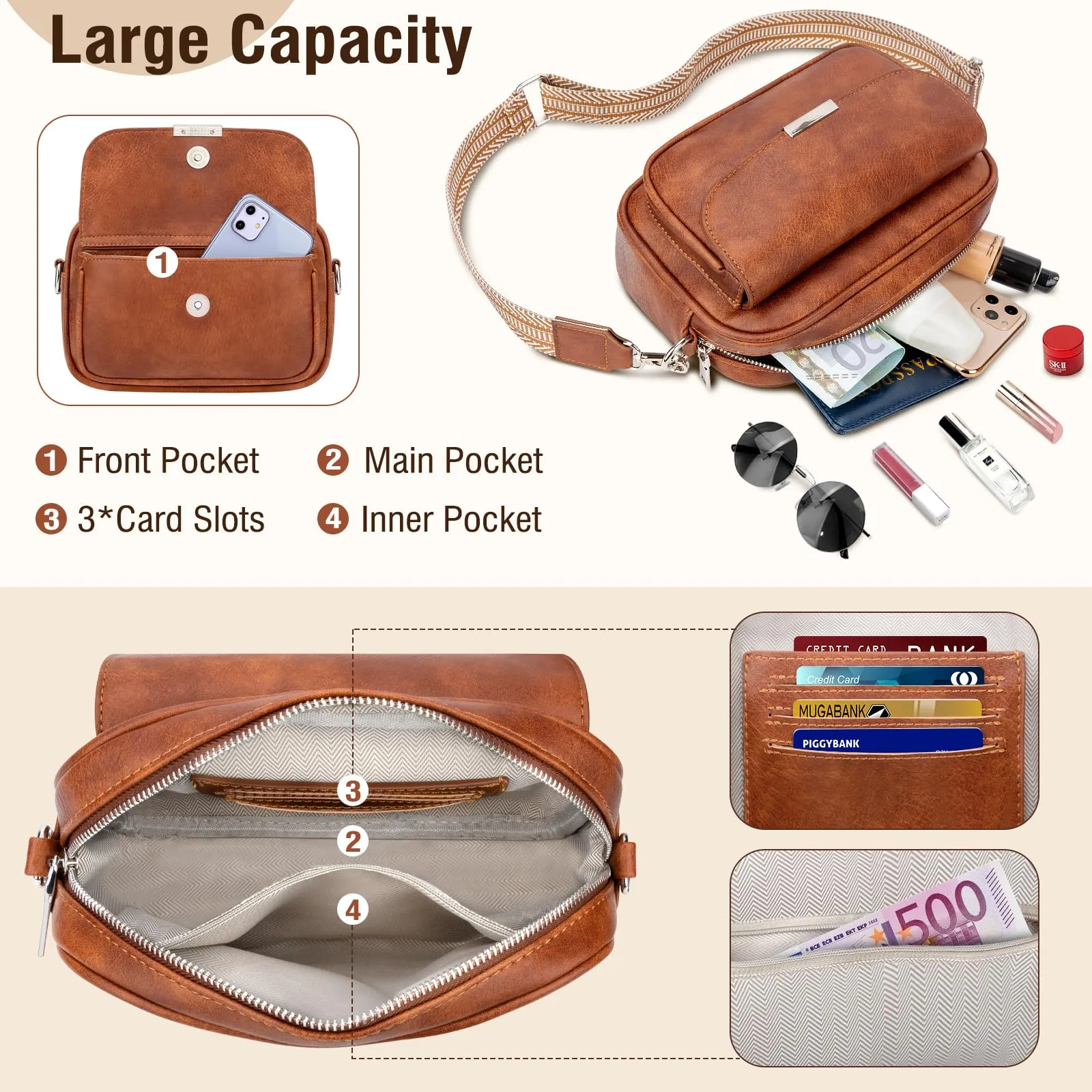 Crossbody Bag Leather Shoulder Bag Medium Handbag with Wide Strap Adjustable Shoulder Bag With Fringes For Travel Shopping