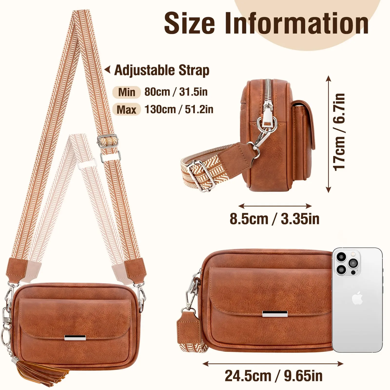 Crossbody Bag Leather Shoulder Bag Medium Handbag with Wide Strap Adjustable Shoulder Bag With Fringes For Travel Shopping
